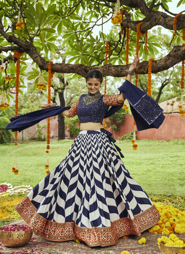 White and Navy Blue Muslin Cotton Chaniya Choli For Navratri